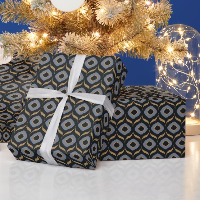 Papel De Regalo Patrón tribal del ikat de oro gris negro masculino (Vacaciones)