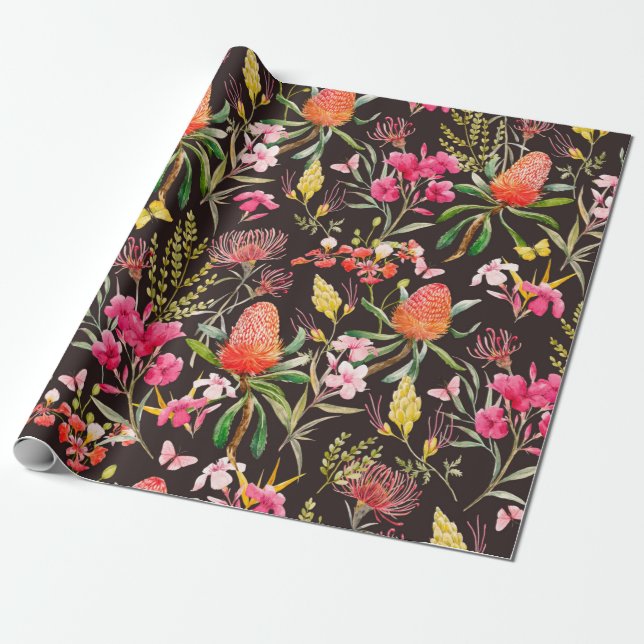Papel De Regalo Patrón tropical acuarela, flores, bansias o (Desenrollado)