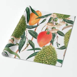 Papel De Regalo Patrón tropical acuarela, fruto del durión, mango