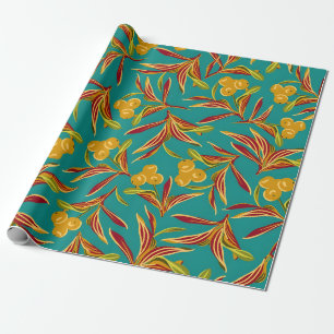 Papel De Regalo Patrón tropical con hojas rojas y amarillas