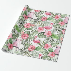 Papel De Regalo Patrón tropical de acuarela rosa y verde