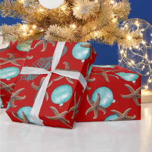 Papel De Regalo Patrón tropical de vida marina Navidades rojos