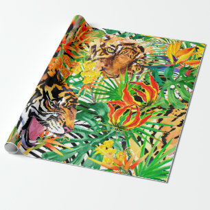 Papel De Regalo patrón tropical sin costuras con tigre. acuarela 