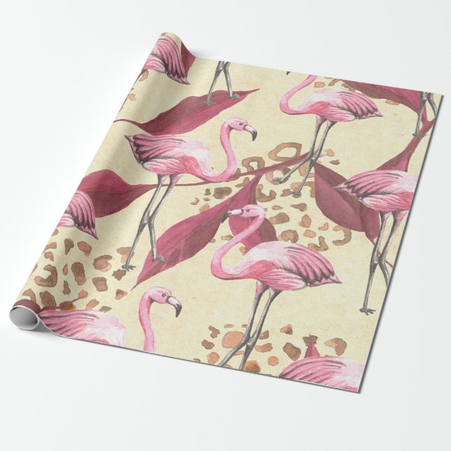 Papel De Regalo Patrón tropical sin foco con flamingo rosa, izquie (Desenrollado)
