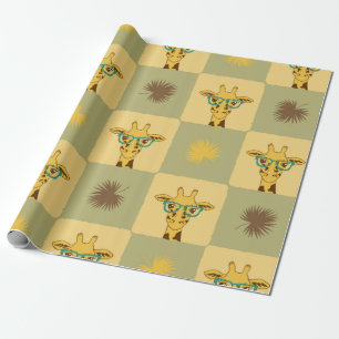 Papel De Regalo Patrón tropical sin foco con jirafa y palmera