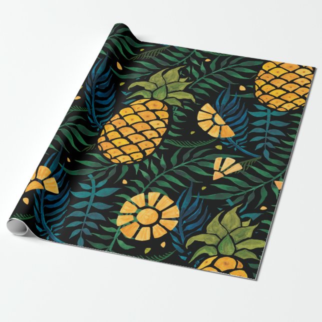 Papel De Regalo Patrón tropical sin foco con piñas y palmeras (Desenrollado)