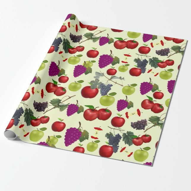 Papel De Regalo Patrón único vibrante de manzanas y uvas (Desenrollado)
