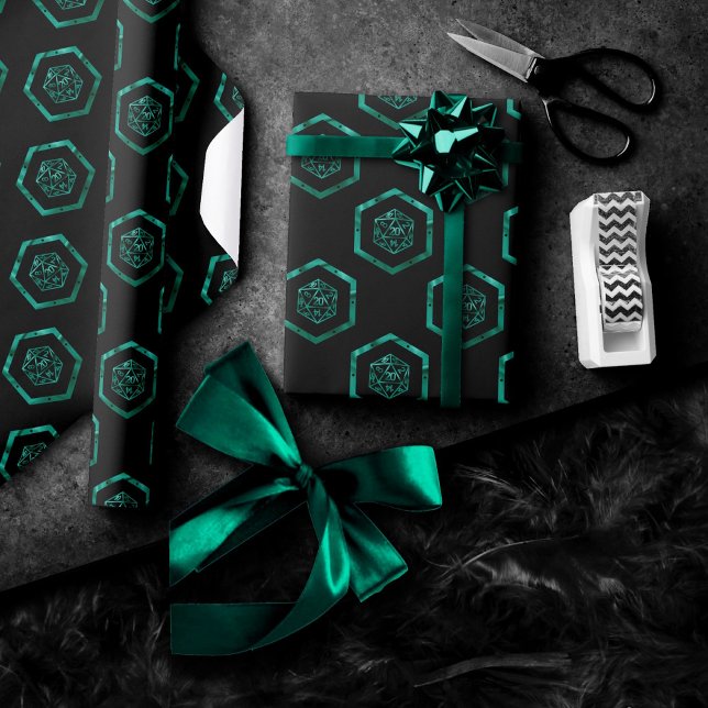 Papel De Regalo Patrón verde D20 | Fantasía Tabletop RPG Dice (Subido por el creador)