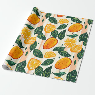 Papel De Regalo Patrón vibrante de cítricos con hojas verdes