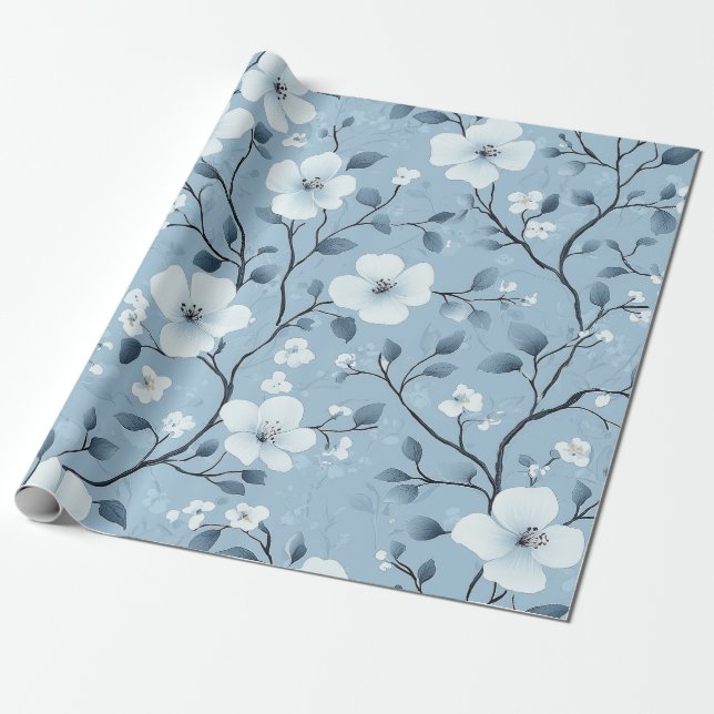 Papel De Regalo Patrón Vino floral azul pálido y blanco (Desenrollado)