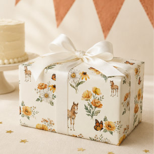 Papel De Regalo Patrón vintage de caballo y mariposa de flores sil