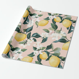 Papel De Regalo Patrón vintage de limón y flores en rosa