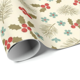 Papel De Regalo Patrón vintage de Navidad con acebo y pino