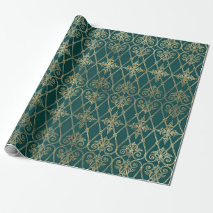 Papel De Regalo Patrón Vintage Verde Azul y Dorado