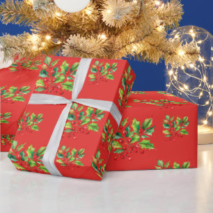Papel De Regalo Patrón Xmas de color de agua rojo simple Holly Ber