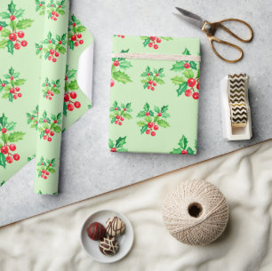 Papel De Regalo Patrón Xmas de color de agua verde simple Holly Be