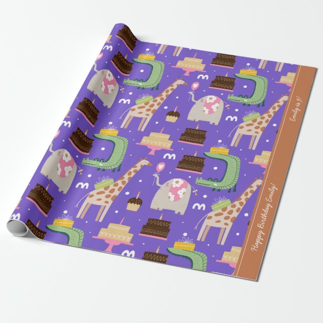 Papel De Regalo Patrón zoológico animal morado Feliz cumpleaños co (Desenrollado)