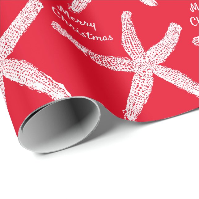 Papel De Regalo Patrones Starfish Red White Beach Feliz Navidad (Esquina del rollo)