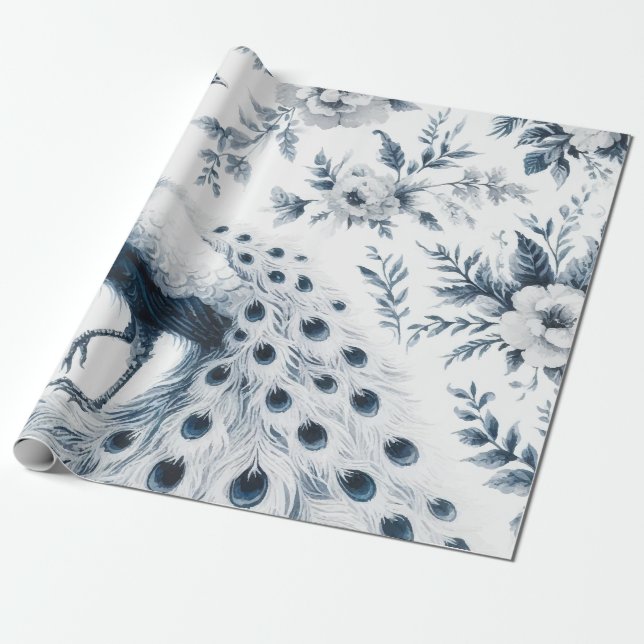 Papel De Regalo Pavo real con flores azules (Desenrollado)