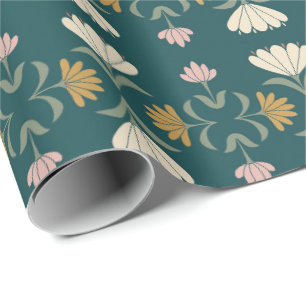 Papel De Regalo Pavo Real Teal y Ocre Arte Folclórico Floral Nouve