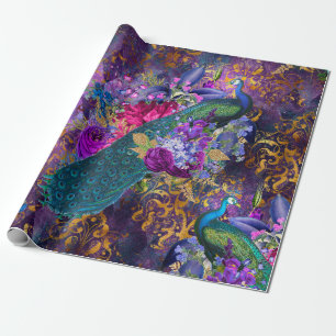 Papel De Regalo Pavo real y flores en morado