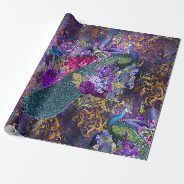 Papel De Regalo Pavo real y flores en morado (Desenrollado)