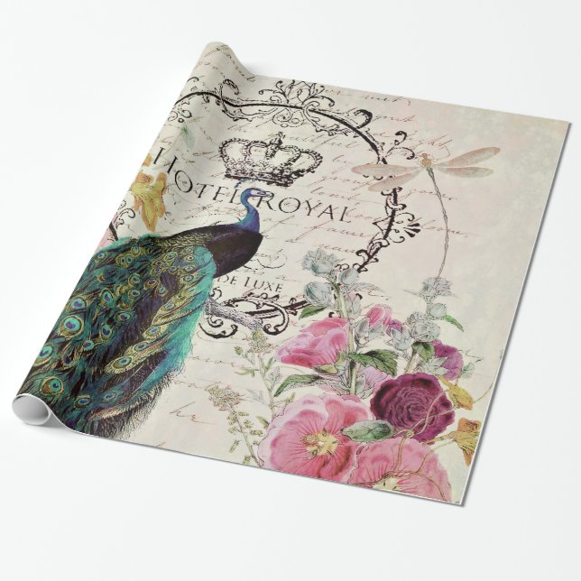 Papel De Regalo Pavo y flores de primavera (Desenrollado)