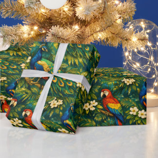 Papel De Regalo Pavos reales y loros coloridos en dorado tropical
