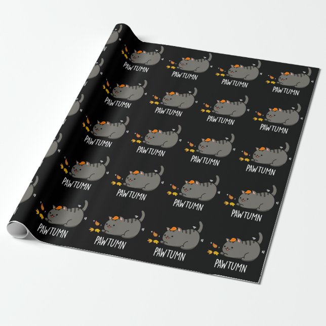 Papel De Regalo Pawtumn lindo Autumn Kitty Cat Pun Dark BG (Desenrollado)