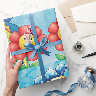 Papel De Regalo Payaso Feliz y Flores Sonrientes