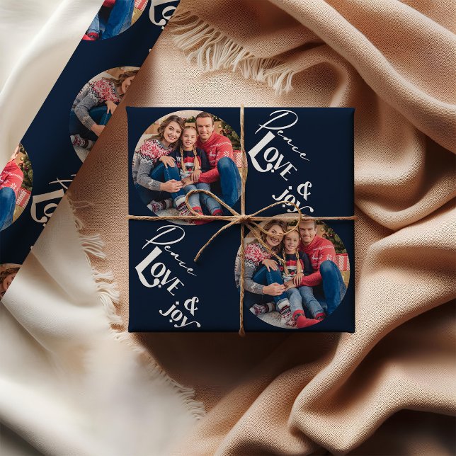 Papel De Regalo Paz Alegría Alegría Elegante Tipografía Foto Azul (Photo Wrapping Paper - Peace Love and Joy)