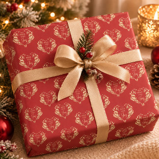 Papel De Regalo Paz Amor Alegría Rojo Dorado Floral Navidad