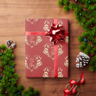 Papel De Regalo Paz Amor Alegría Rojo Dorado Floral Navidad