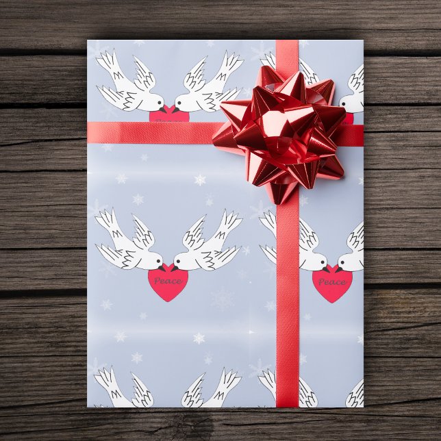 Papel De Regalo Paz palomas corazón nevadas pájaros (Two white doves holding red heart with word Peace on light blue with snowflakes roll gift wrap paper)
