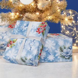 Papel De Regalo Paz y alegría Feliz Navidad Azul Copo de nieve