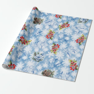 Papel De Regalo Paz y Alegría Feliz Navidad Copo de Nieve Azul