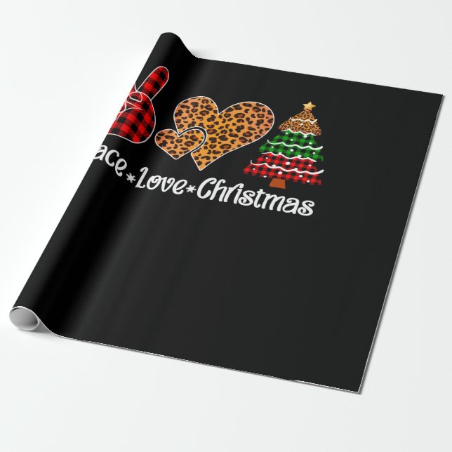 Papel De Regalo Peace Love Christmas Tree Plaid Leopard Print (Desenrollado)