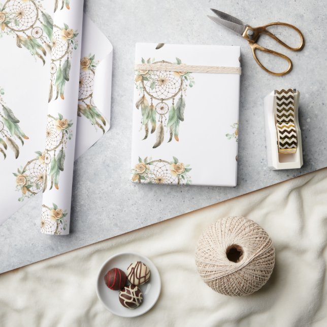 Papel De Regalo Peach Floral Green Dream Catcher Cumpleaños (Artesanía)