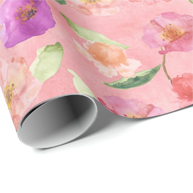 Papel De Regalo Peach Pink Purple Garden Floral (Esquina del rollo)