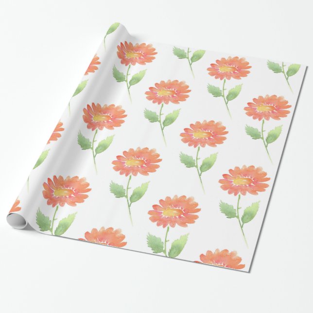 Papel De Regalo Peach Watercolor Daisy (Desenrollado)