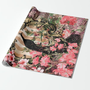 Papel De Regalo Peacock de vintage con flor rosa de marco