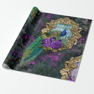 Papel De Regalo Peacock, flores y marco dorado