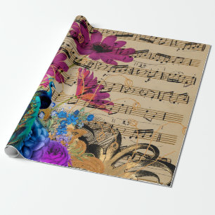 Papel De Regalo Peacock, partitura y flores
