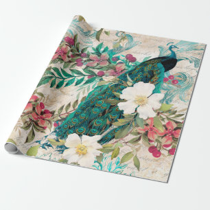 Papel De Regalo Peacock Verde azulado y flor rosa añejos