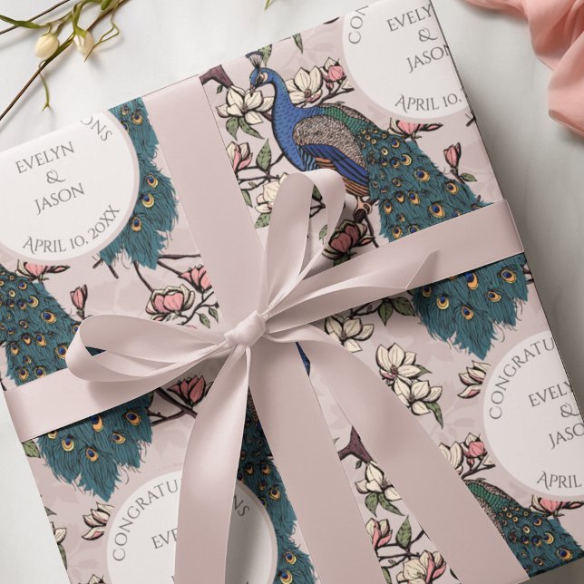 Papel De Regalo Peacock y Flores Bodas rosados de Rubor botánico (Elegant Hand Drawn Wedding Design with Blue Peacock Birds & Magnolia Flowers in Blush Pink.)