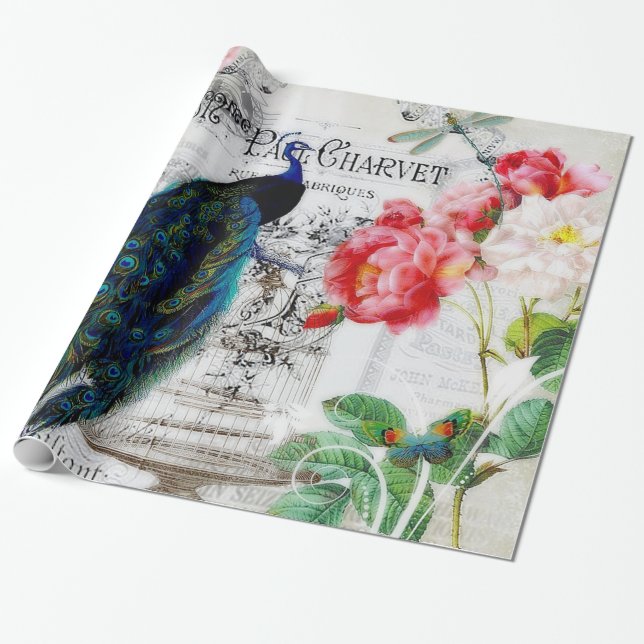 Papel De Regalo Peacock y rosas (Desenrollado)