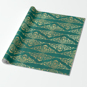Papel De Regalo Peacocks de oro y filigranos en verde