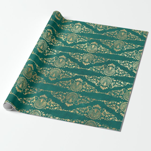 Papel De Regalo Peacocks de oro y filigranos en verde (Desenrollado)