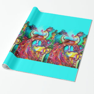 Papel De Regalo PEACOCKS IN LOVE, rojo azul acuático verde
