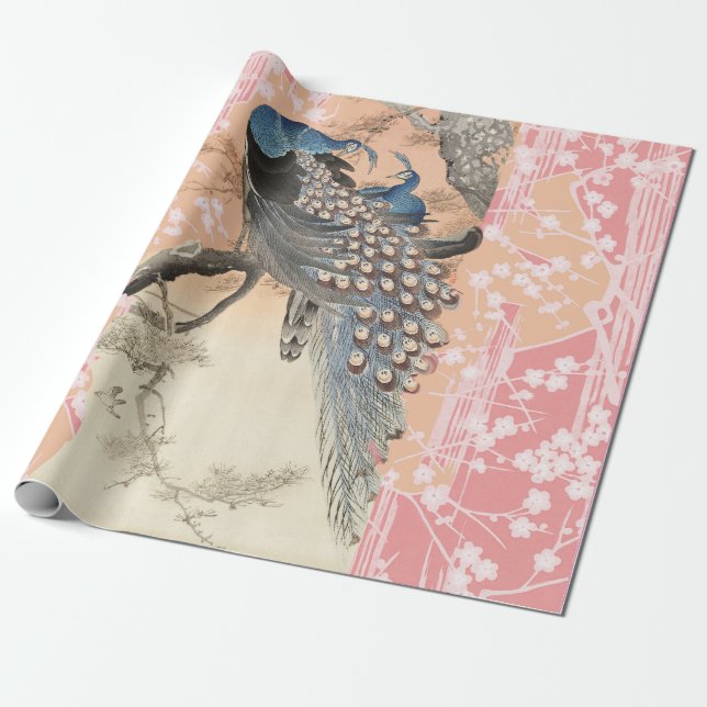 Papel De Regalo PEACOCKS,SAKURA BLANCA ROSA FLORES DE flores japon (Desenrollado)